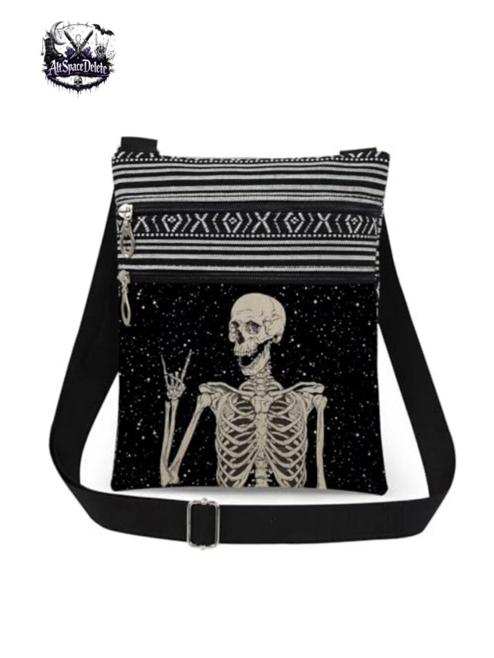 Skeleton Print Polyester Crossbody Bag Adjustable Strap Zipper Purse